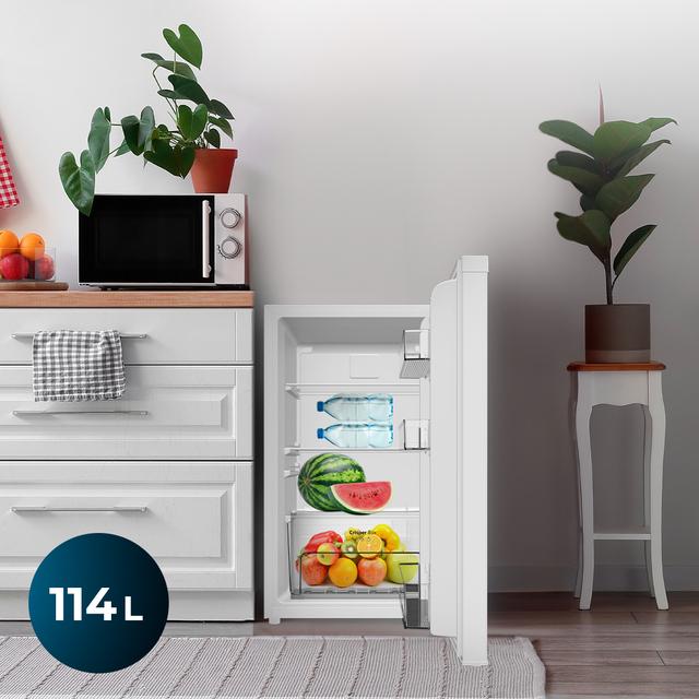 Bolero CoolMarket TT 114 L White Mini-réfrigérateur blanc de 83,6 cm de hauteur et 50,6 cm de largeur, avec une capacité de 114 litres, classe énergétique E, bac à légumes, éclairage intérieur LED et contrôle mécanique de la température.