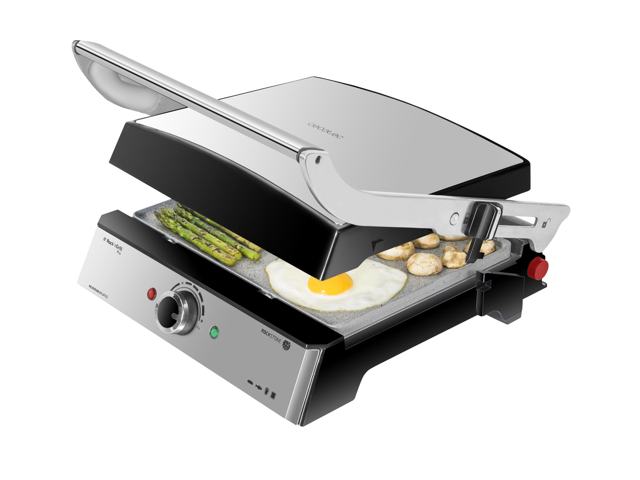Rock'n Grill Pro - Griglia elettrica, rivestimento in pietra RockStone, piastre estraibili e reversibili, apertura a 180º, superficie ampia 34x23 cm, 2000 W, acciaio inossidabile