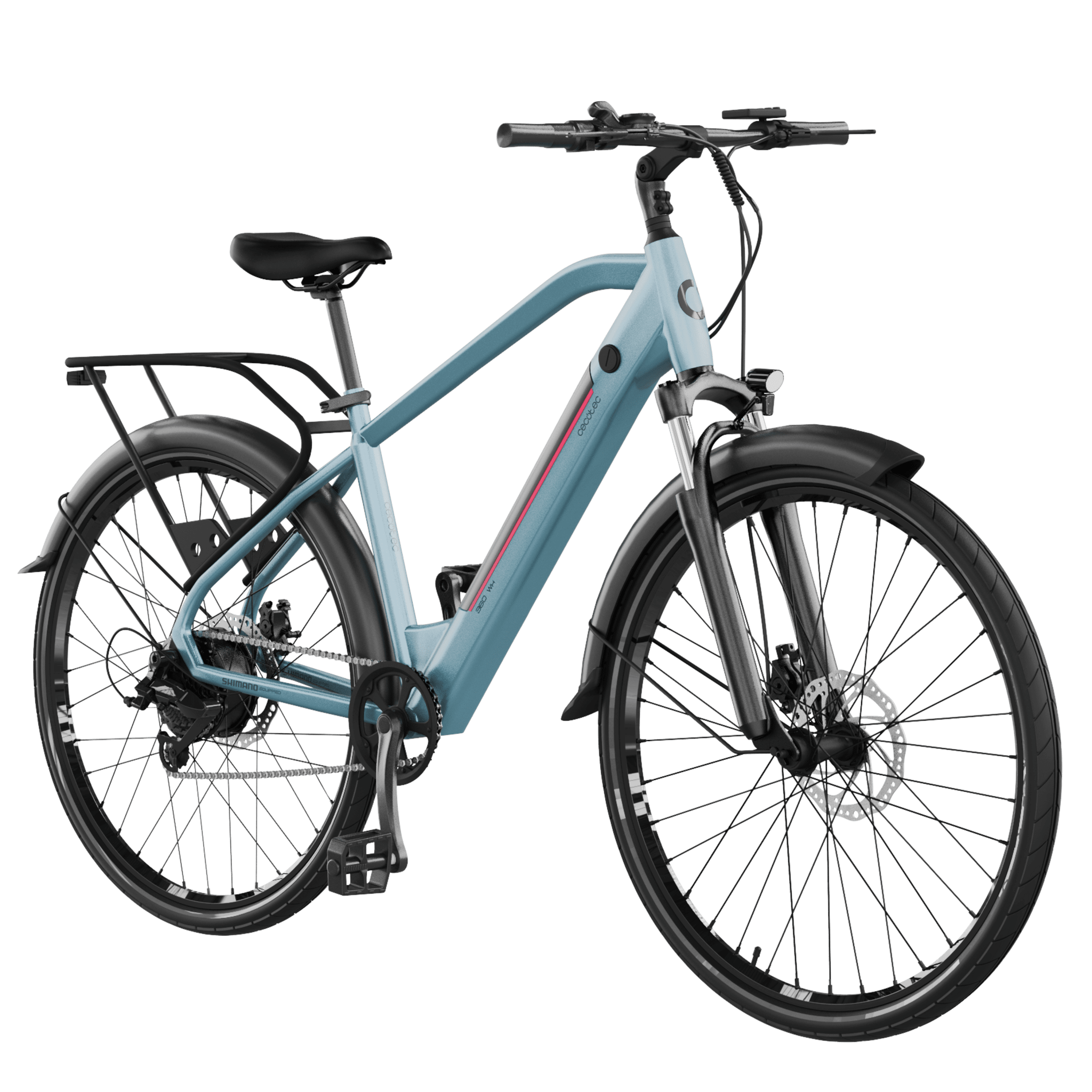 City Men Bici elettrica da città con 90 km di autonomia, sospensione anteriore, cambio shimano a 7 velocità e doppio freno a disco idraulico.