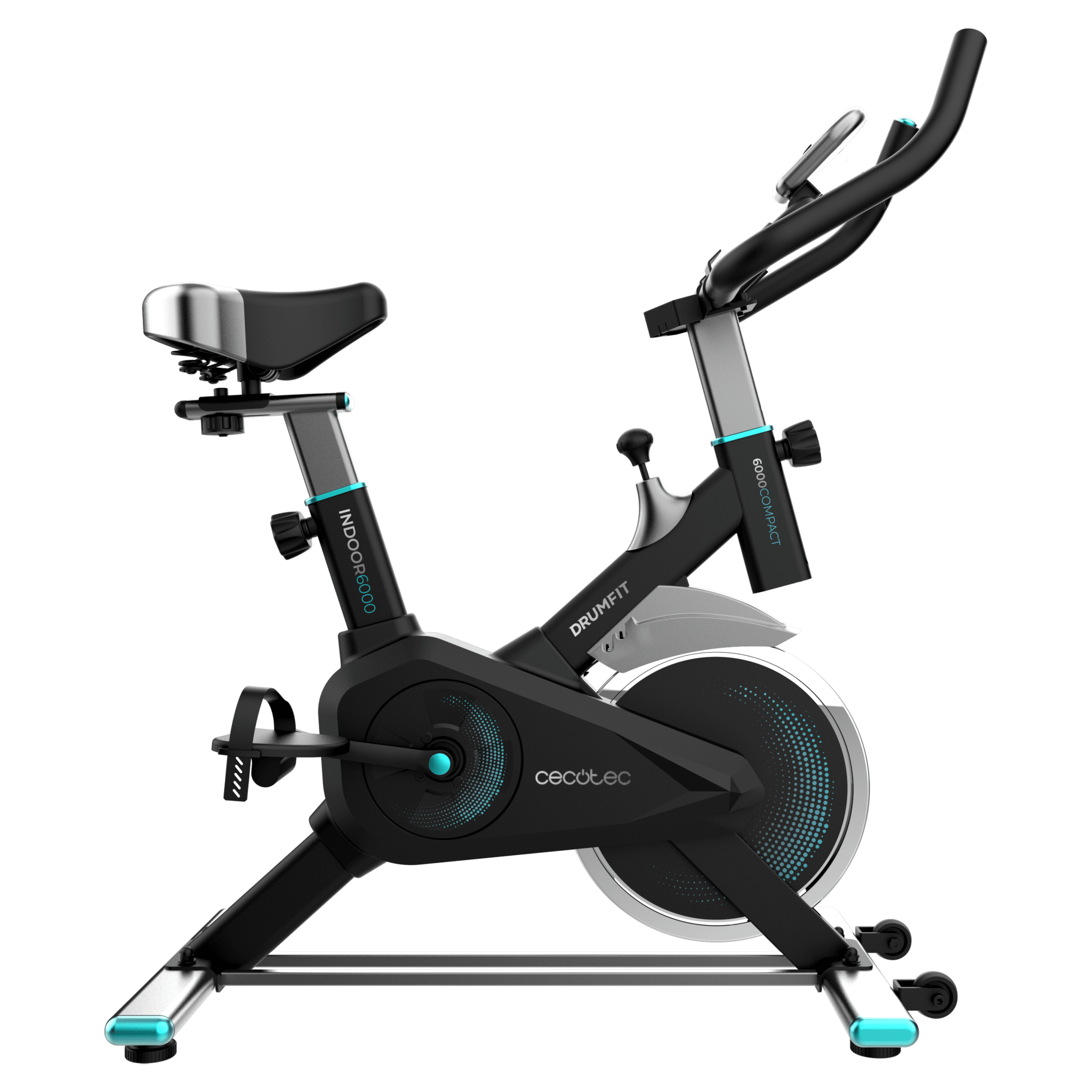 DrumFit Indoor 6000 Compact Bicicleta de ciclismo indoor compacta con volante de inercia de 6 Kg. Pantalla LCD. Soporte para dispositivos. Ruedas de transporte. Resistencia ajustable. Sillín y manillar ajustables. Peso máximo de 120 kg y altura máxima 175 cm.